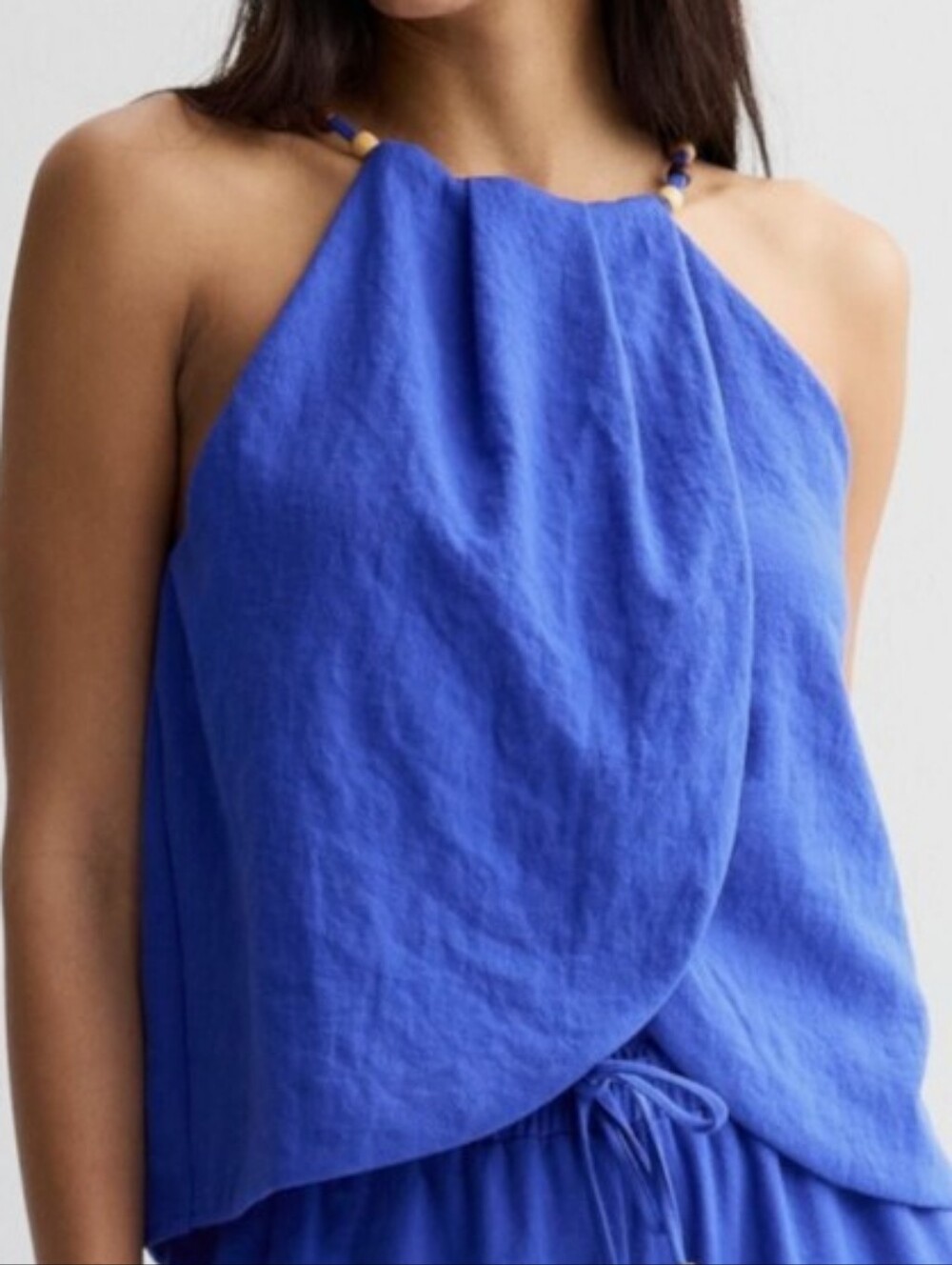 Royal Blue Halter Tank with Bead-Trim Tulip Hem Back Tie Neck